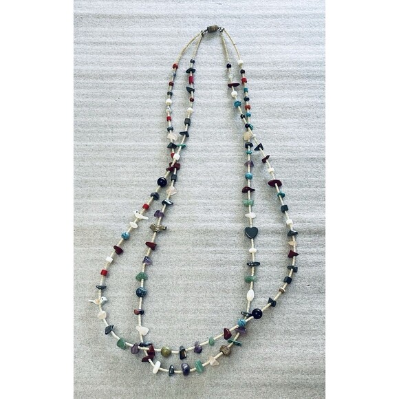 VTG Zuni Inspired Heishi Beads Necklace Double Strand Turquoise Agate Birds 26" - Picture 1 of 8
